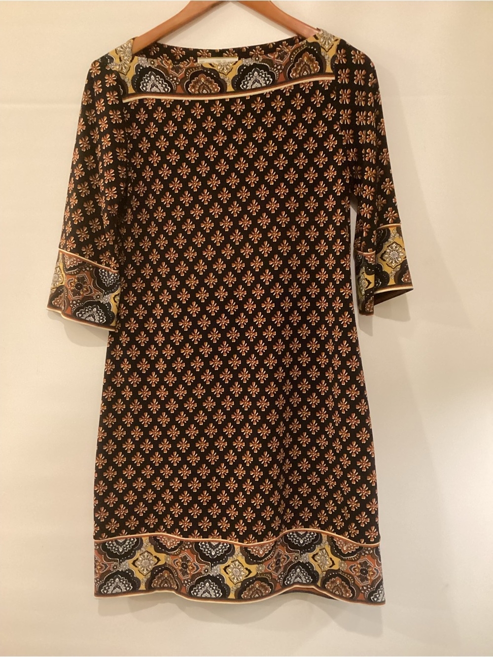 Morgan McFeeters Black Dress with Gold and Tan Paisley Trim